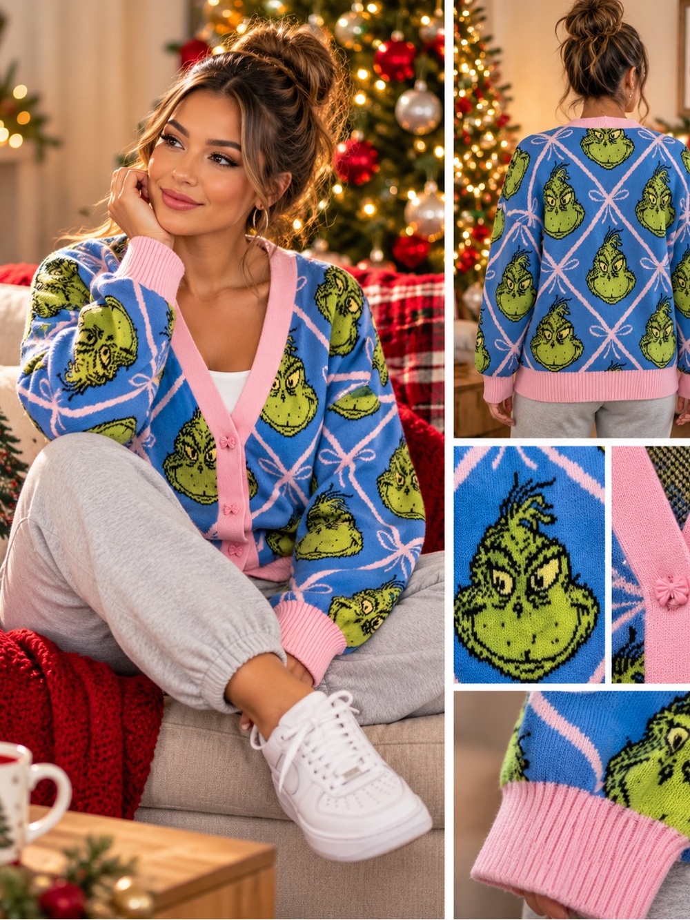 Dr. Seuss Blue and Pink Grinch V-Neck Cardigan Sweater